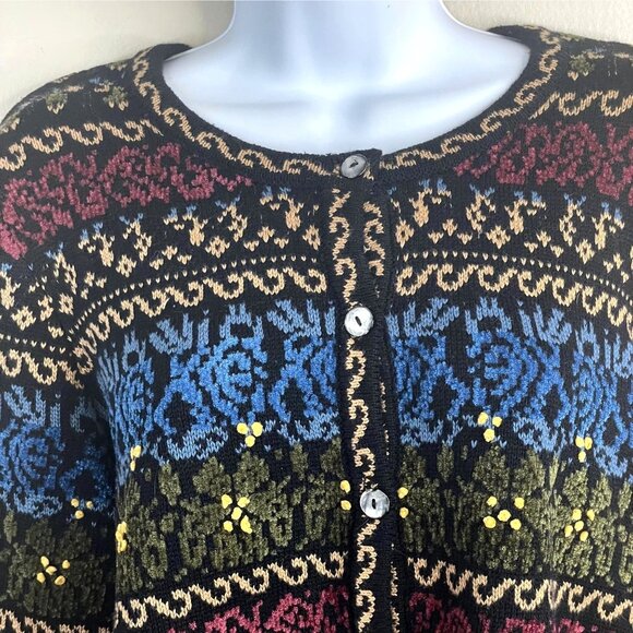 Appleseeds Vintage Apres Ski Dark Fair Isle Sweater Large Chenille Cardigan Cozy - Picture 2 of 13